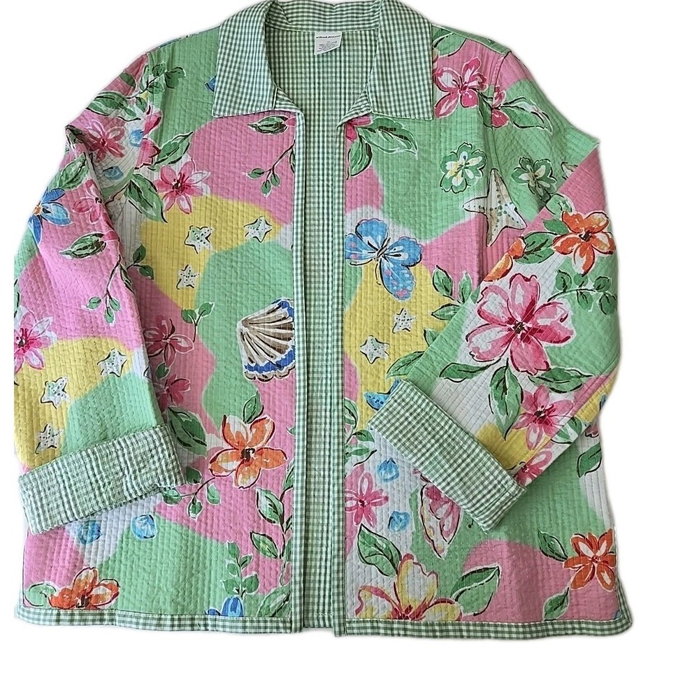 Alfred Dunner Floral Quilted Cardigan 12 Jacket Coastal Pastel Gingham Open